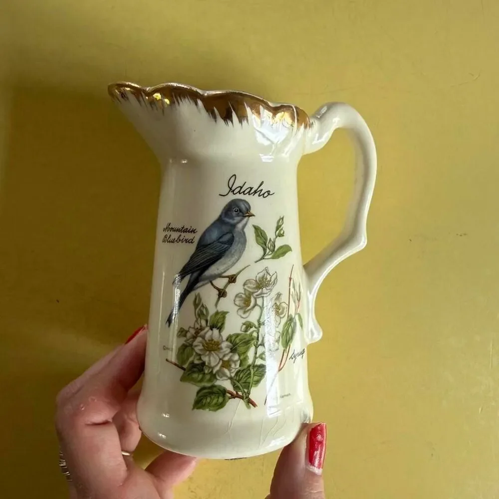 Vintage Idaho Souvenir Pitcher - Mountain Bluebird and Syringa
